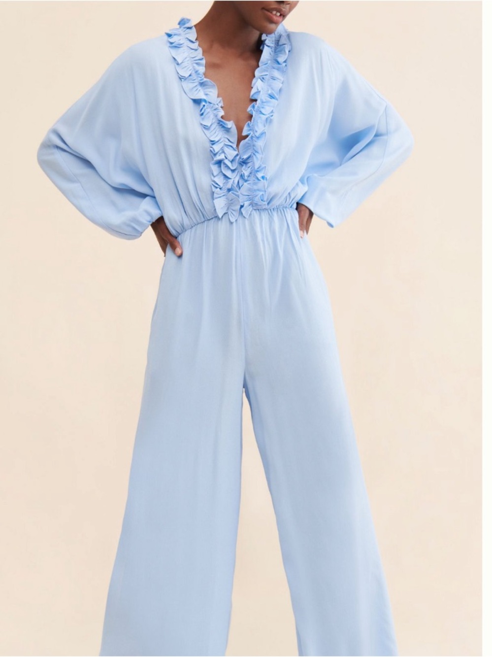 Anthropologie Powder Blue Ruffle V‑Neck Wide‑Leg Jumpsuit